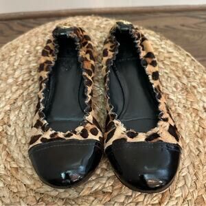 Tory Burch Abbey Leopard Print Calf Hair Patent Cap Toe Ballet Flats Size 7 M